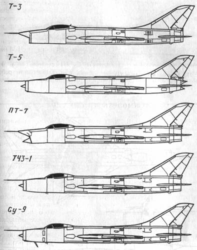 Схемы опытного самолета-истребителя Т-3 и машин, построенных на его базе